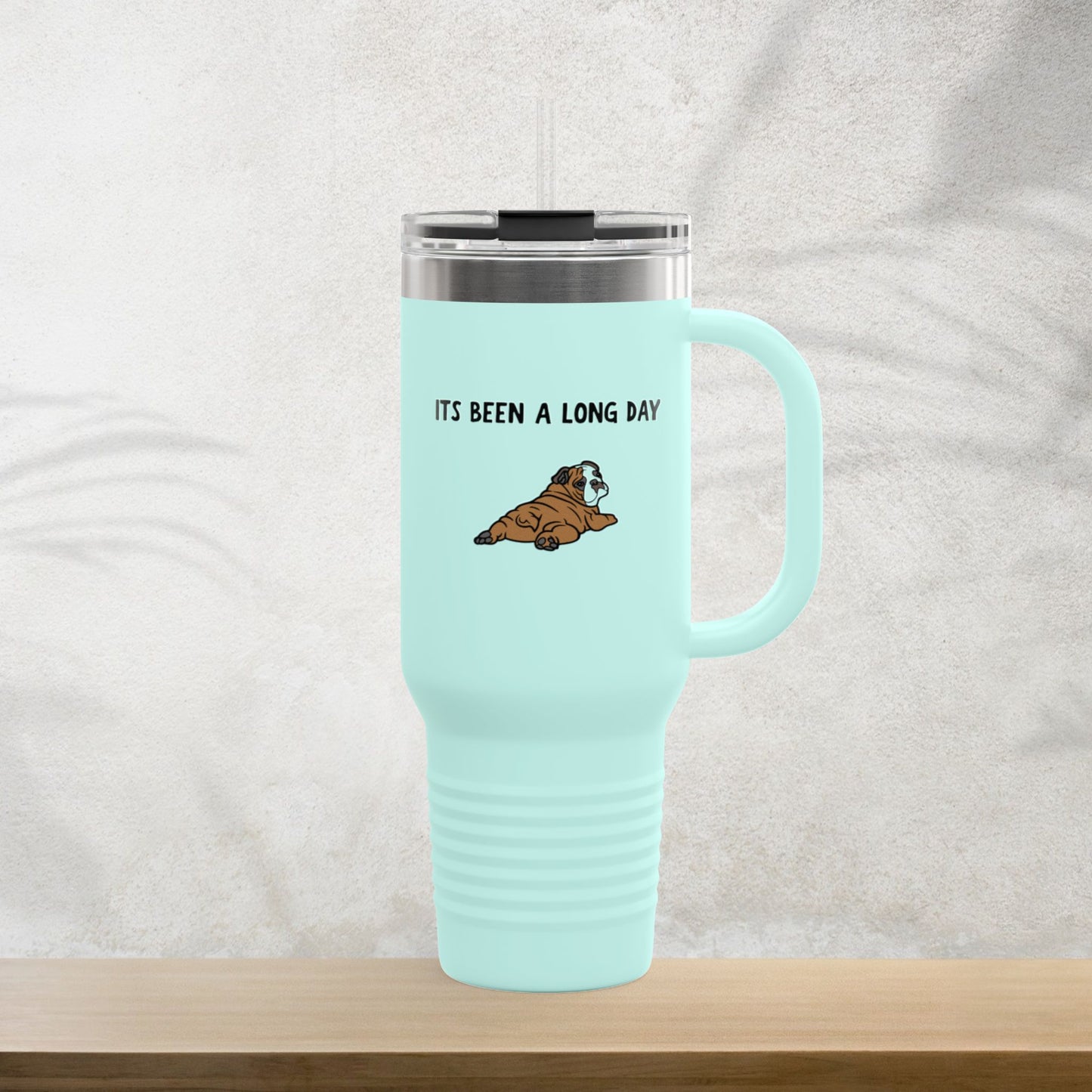 “It’s Been a Long Day” Tired Bulldog 40oz Travel Mug – Cute Funny Puppy Design for Coffee Lovers