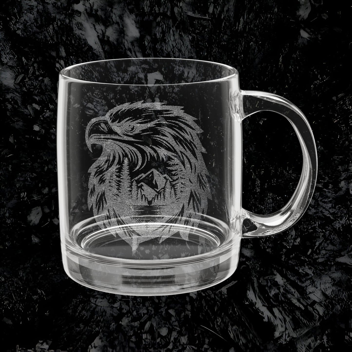 Engraved Glass Coffee Mug – Eagle & Mountain Wilderness Design | Dishwasher & Microwave Safe