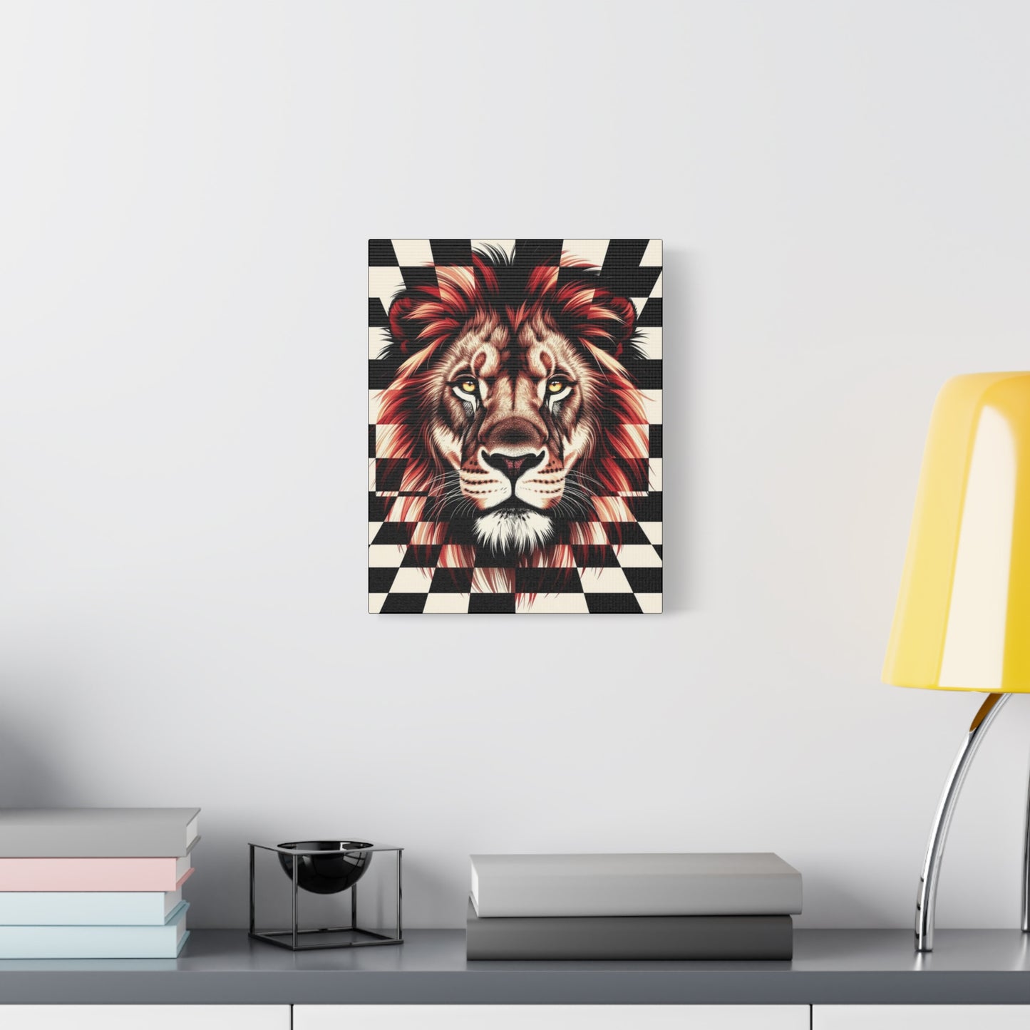Lion Canvas Wall Art - Red Mane Checkered Design (8”-60” Sizes) Canvas Print