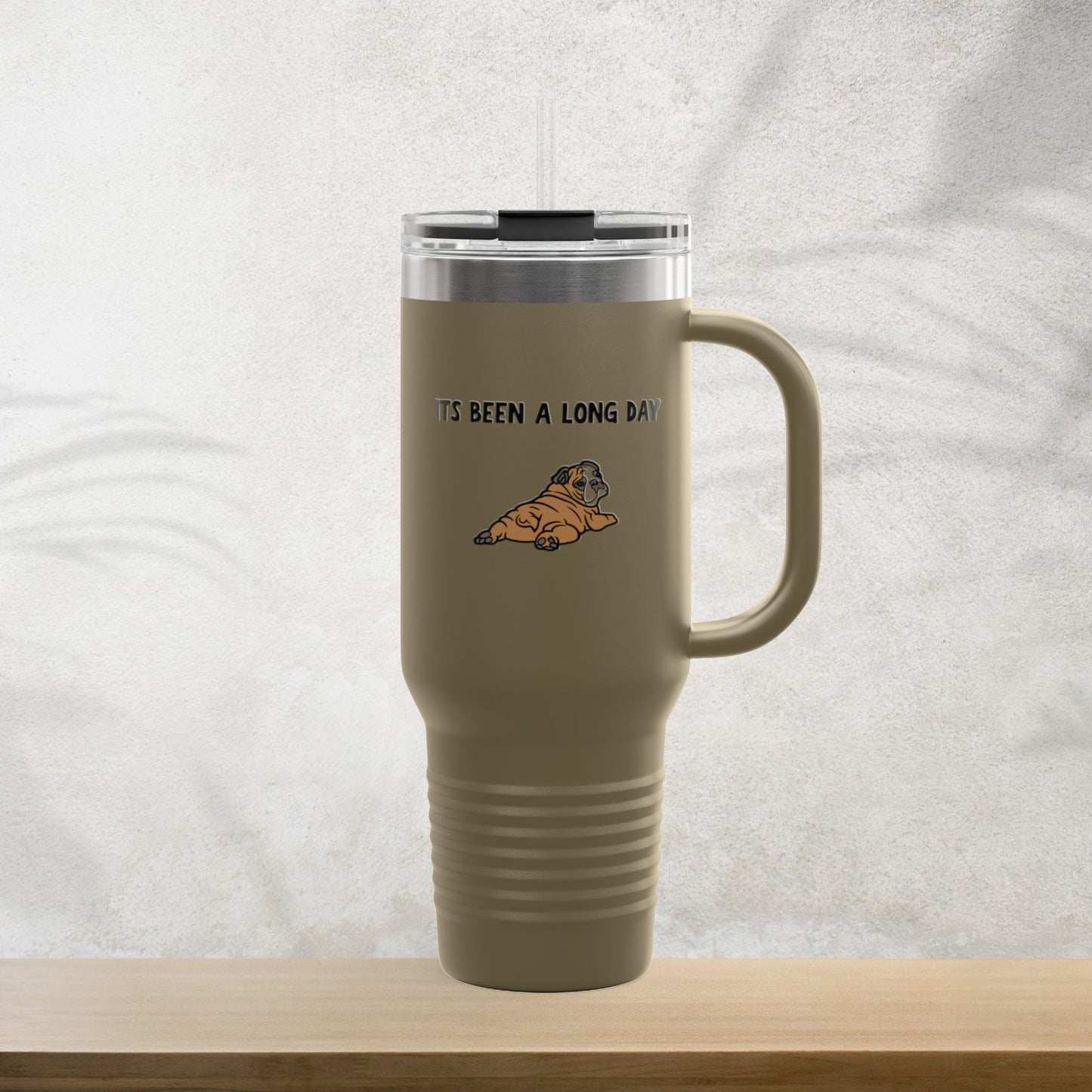 “It’s Been a Long Day” Tired Bulldog 40oz Travel Mug – Cute Funny Puppy Design for Coffee Lovers