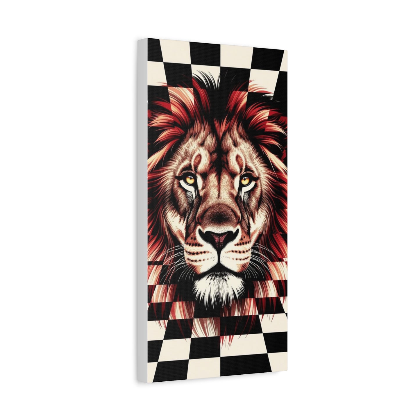 Lion Canvas Wall Art - Red Mane Checkered Design (8”-60” Sizes) Canvas Print