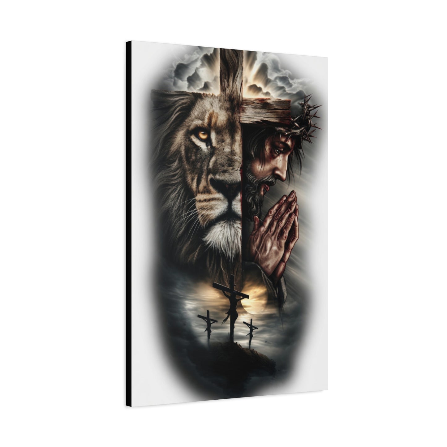 Christian Lion of Judah Canvas Wall Art – Jesus Praying Cross Triptych Matte Stretched