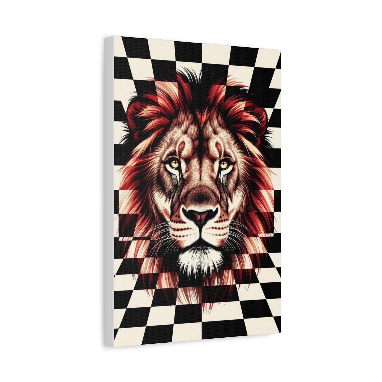 Lion Canvas Wall Art - Red Mane Checkered Design (8”-60” Sizes) Canvas Print