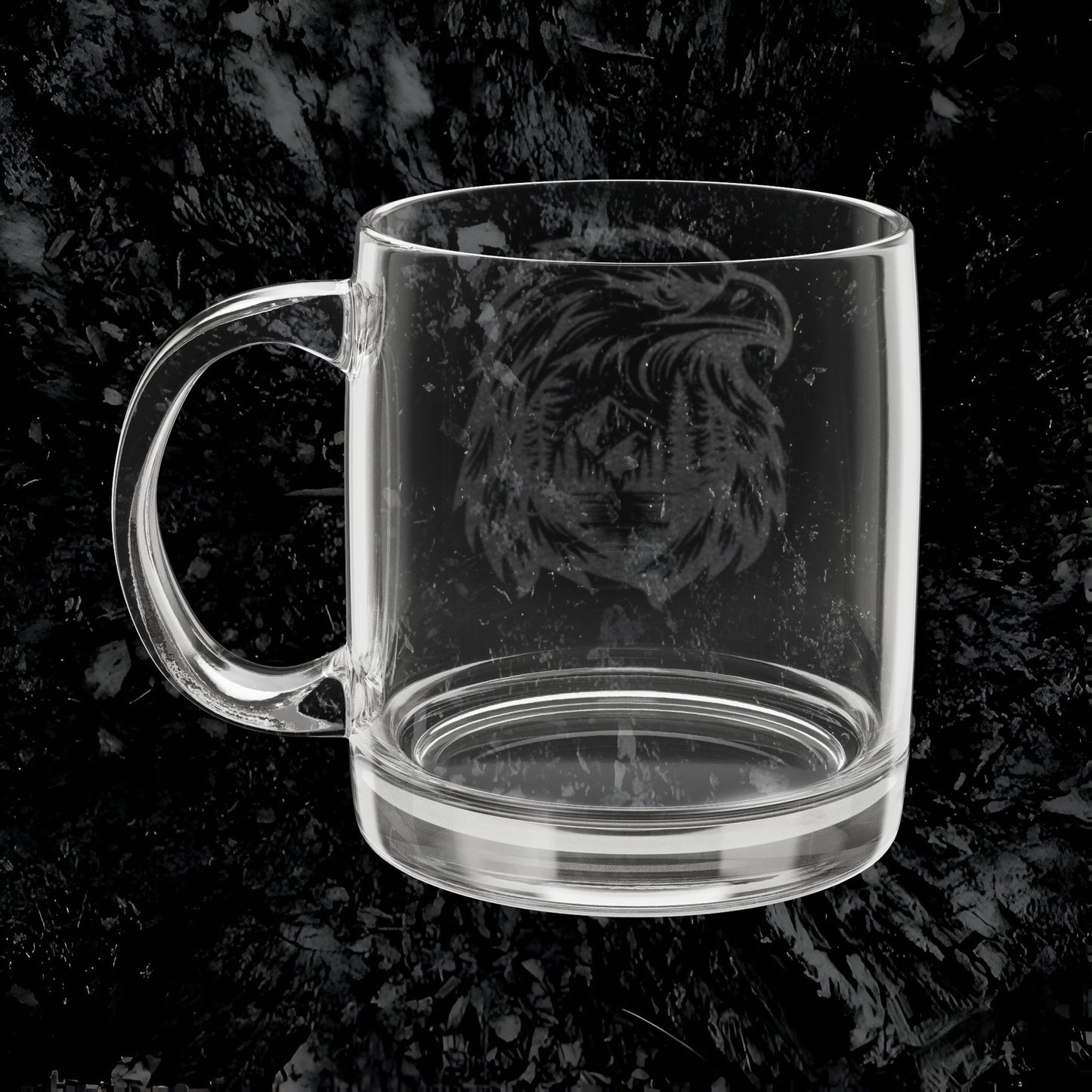 Engraved Glass Coffee Mug – Eagle & Mountain Wilderness Design | Dishwasher & Microwave Safe