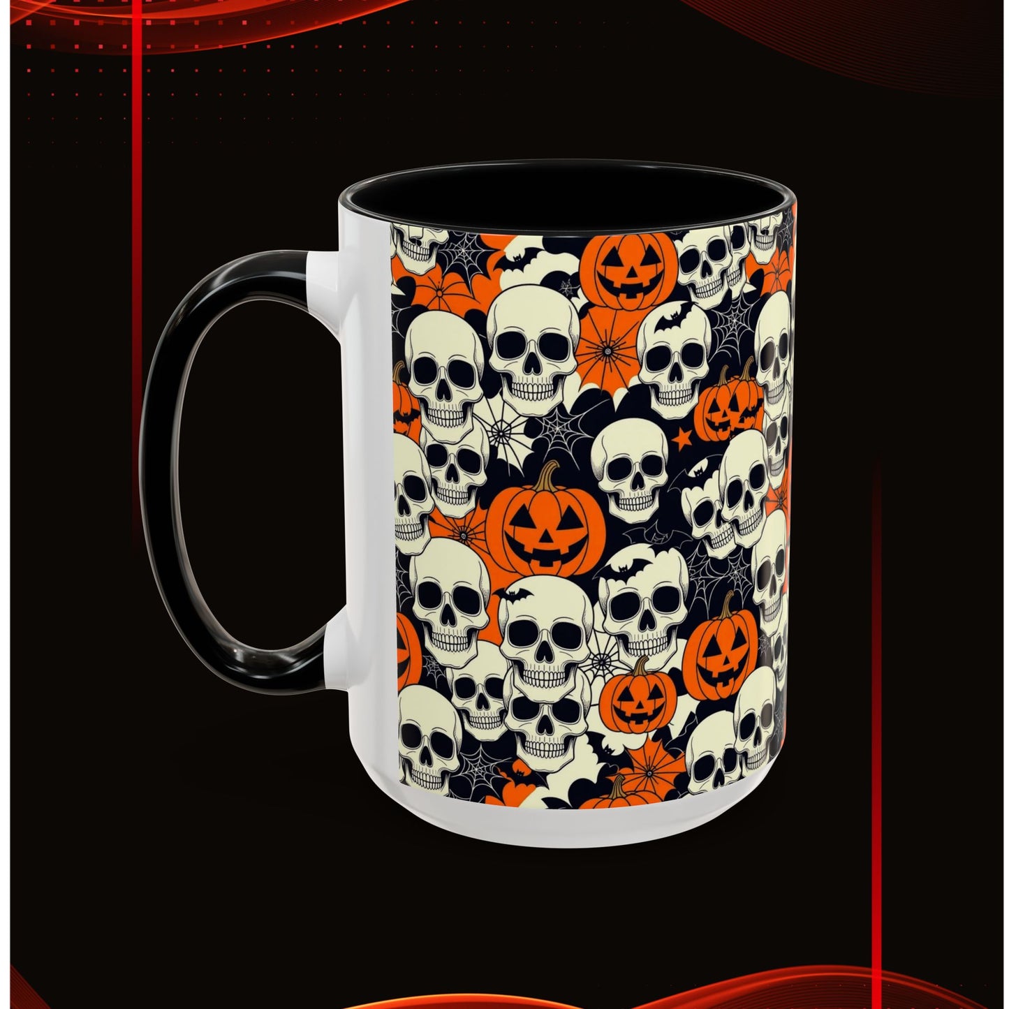 Halloween Skull Accent Coffee Mug (11, 15oz) - Spooky Gift, Witchy Decor, October Celebration, Unique Drinkware, Gothic Kitchen