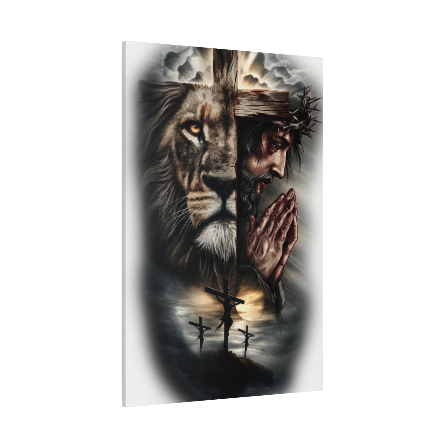 Christian Lion of Judah Canvas Wall Art – Jesus Praying Cross Triptych Matte Stretched