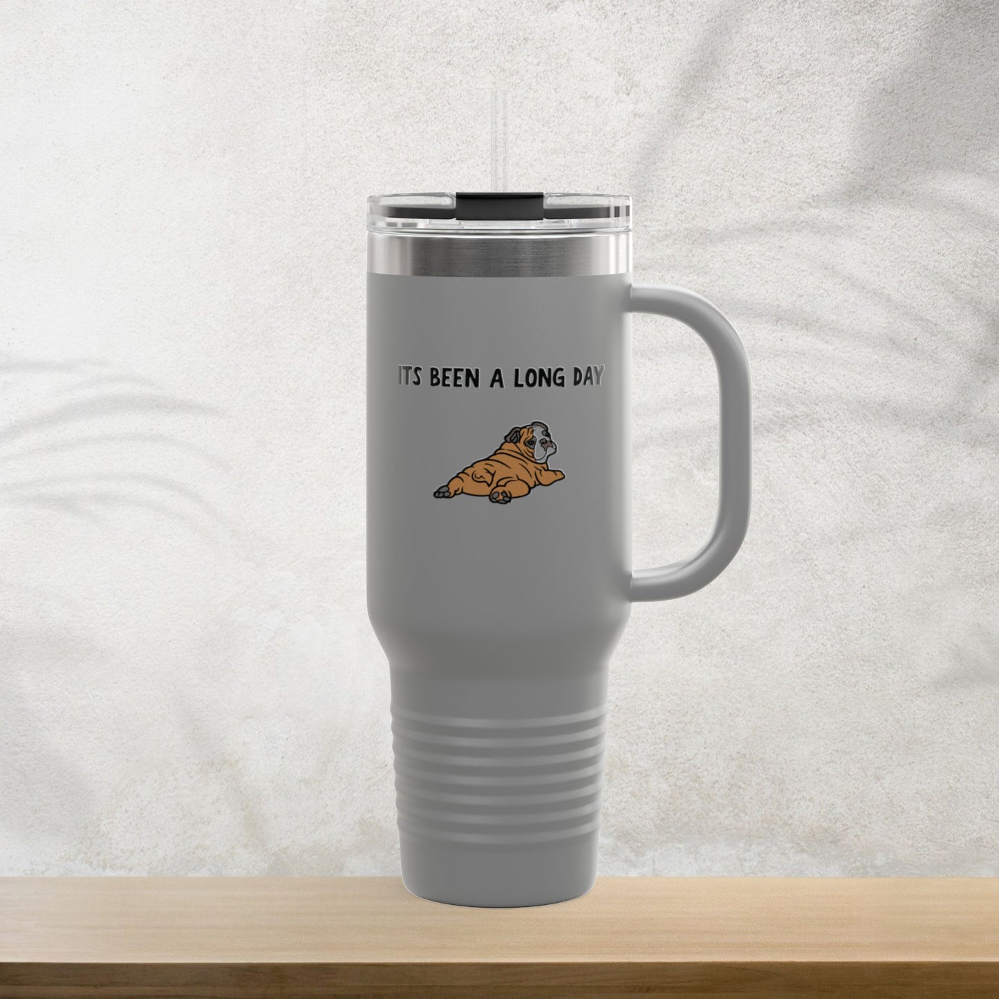 “It’s Been a Long Day” Tired Bulldog 40oz Travel Mug – Cute Funny Puppy Design for Coffee Lovers