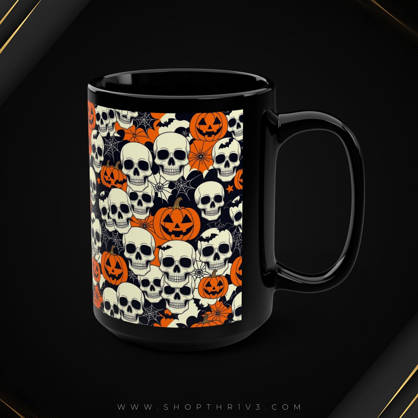 Halloween Mug, 15oz - Skulls Pumpkins Bats Black