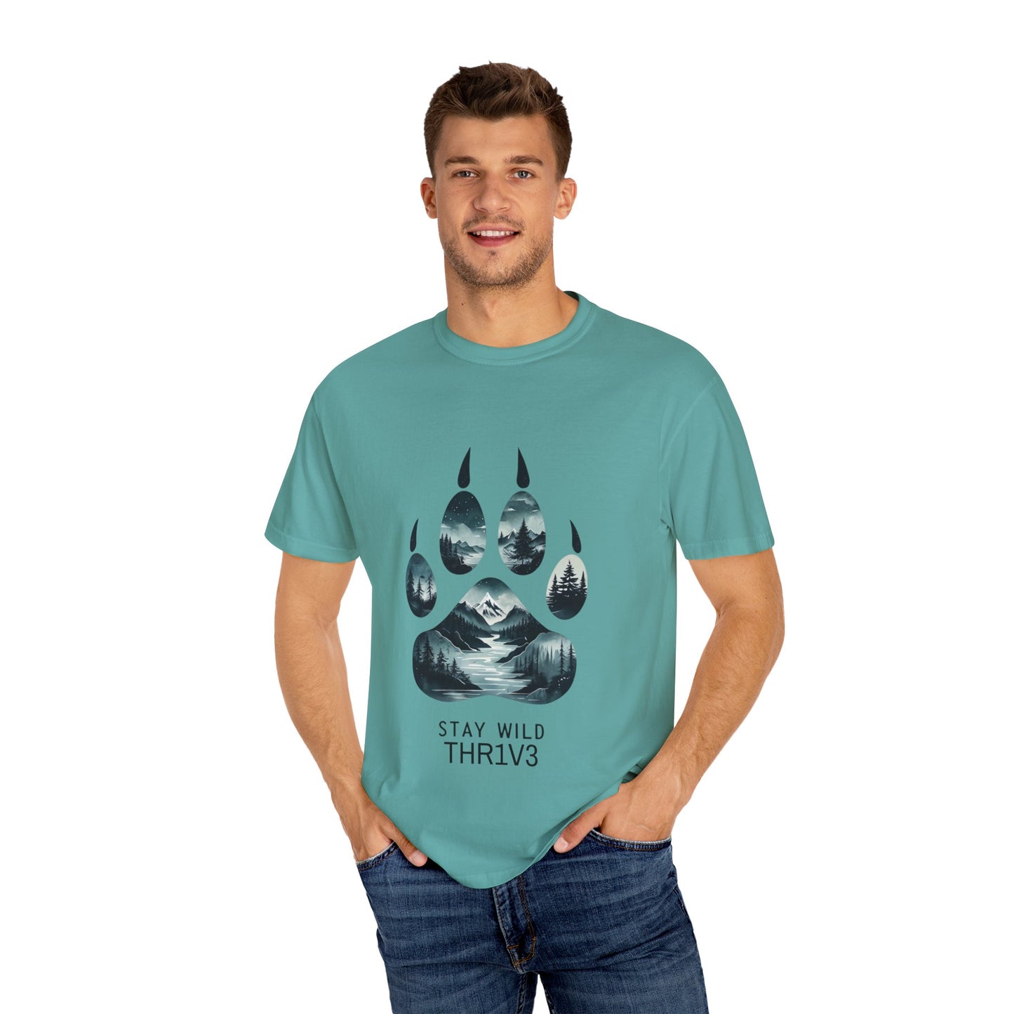 Mystic Wolf Paw Wilderness T-shirt -Night Landscape Graphic Tee, Nature Adventure Apparel for Hikers & Outdoor Lovers - Ethereal Mountain Print