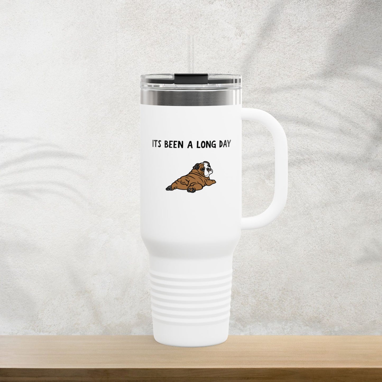 “It’s Been a Long Day” Tired Bulldog 40oz Travel Mug – Cute Funny Puppy Design for Coffee Lovers