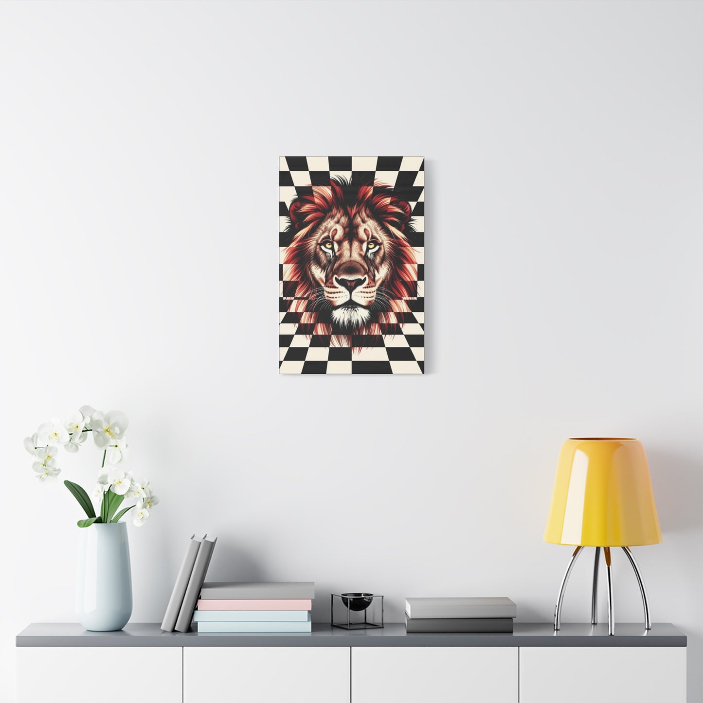 Lion Canvas Wall Art - Red Mane Checkered Design (8”-60” Sizes) Canvas Print