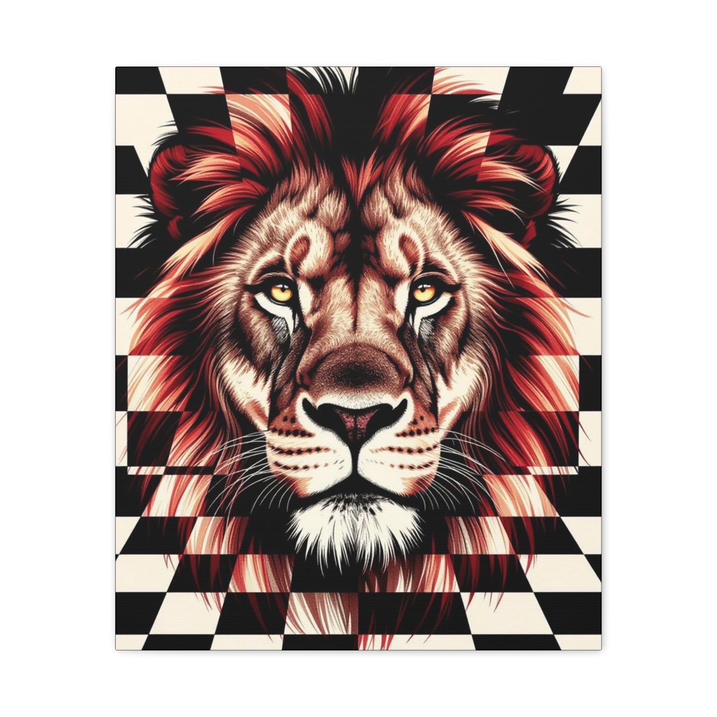 Lion Canvas Wall Art - Red Mane Checkered Design (8”-60” Sizes) Canvas Print