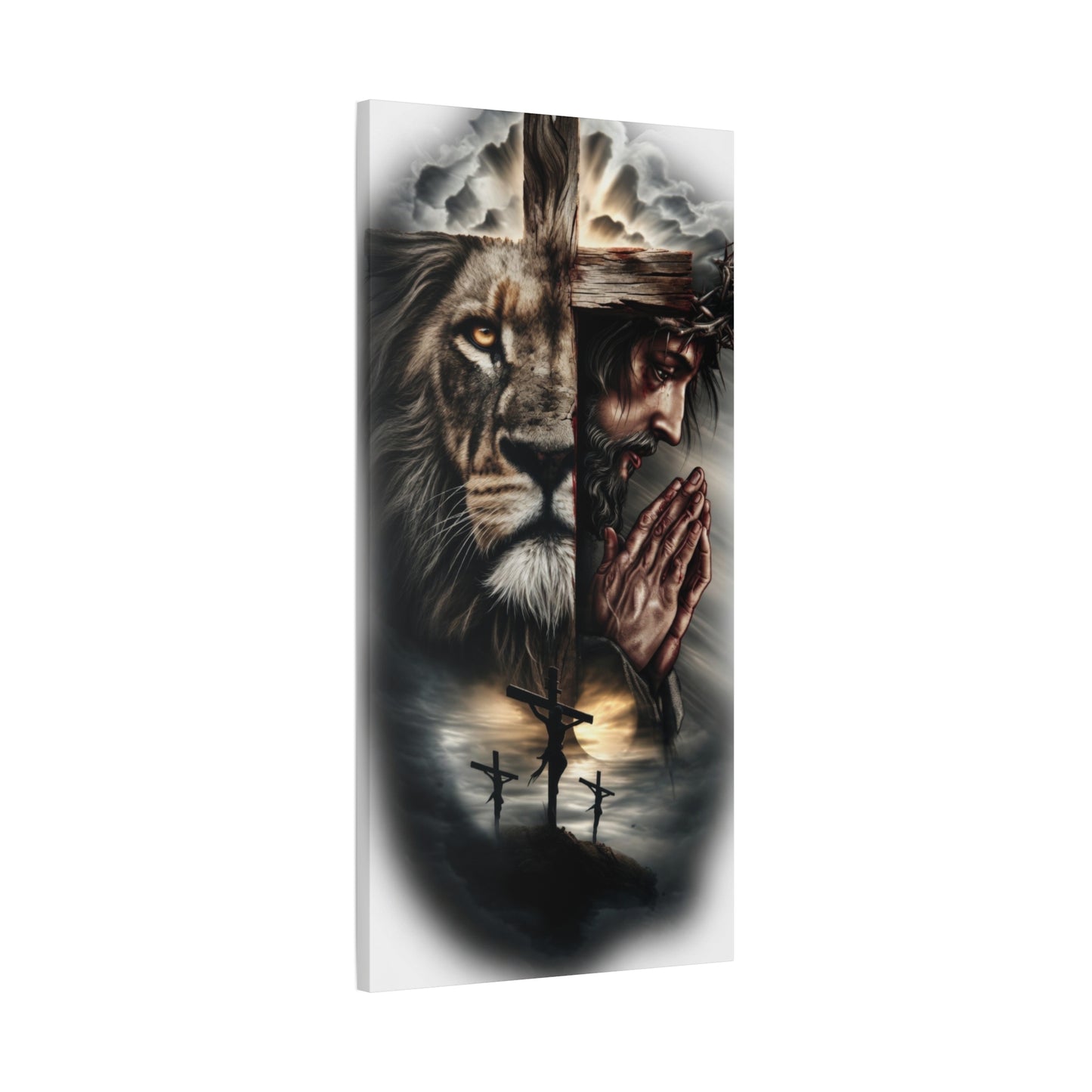 Christian Lion of Judah Canvas Wall Art – Jesus Praying Cross Triptych Matte Stretched