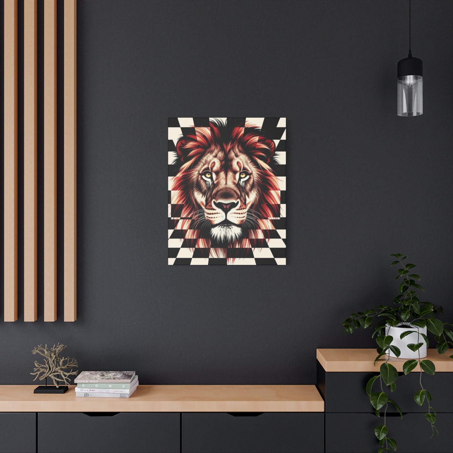 Lion Canvas Wall Art - Red Mane Checkered Design (8”-60” Sizes) Canvas Print