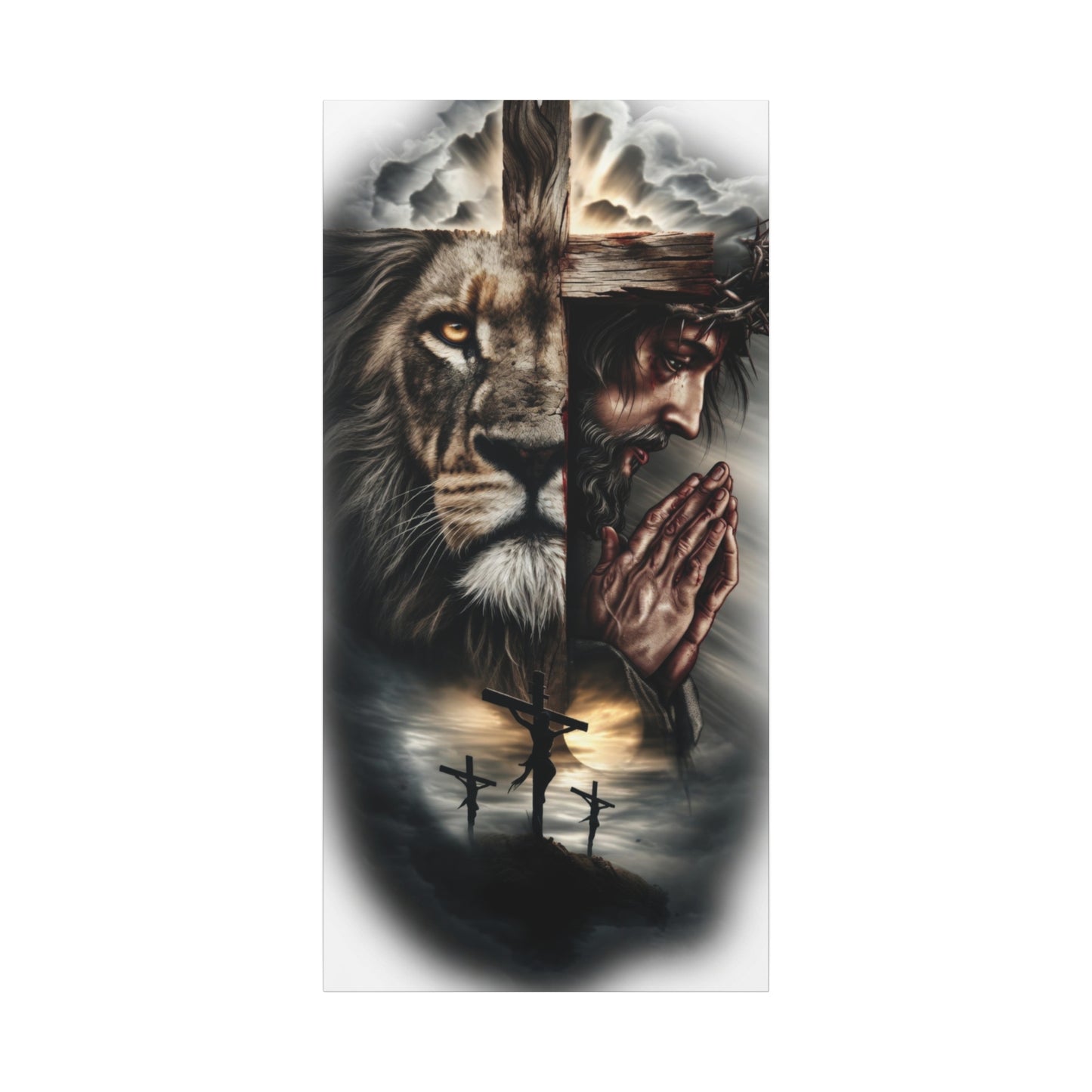 Christian Lion of Judah Canvas Wall Art – Jesus Praying Cross Triptych Matte Stretched