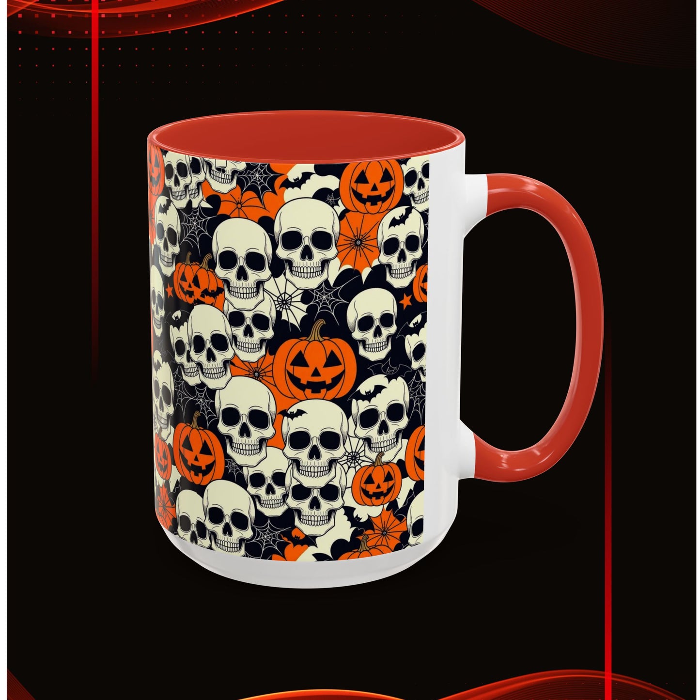 Halloween Skull Accent Coffee Mug (11, 15oz) - Spooky Gift, Witchy Decor, October Celebration, Unique Drinkware, Gothic Kitchen