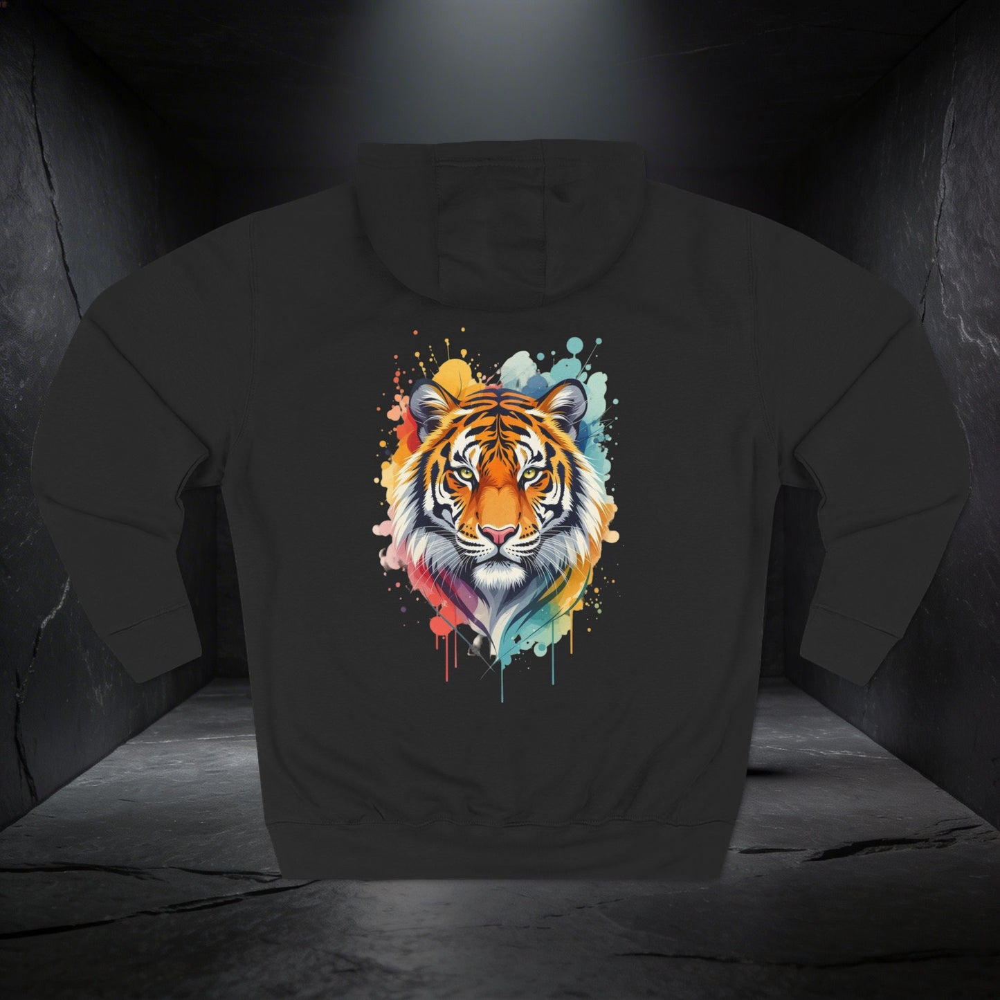 Tiger Watercolor Hoodie — Colorful Drip Animal Graphic Fleece Hoodie