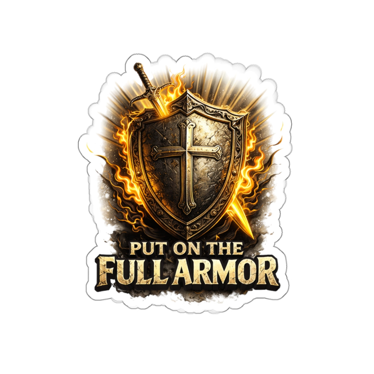 Die-Cut Sticker — “Put On The Full Armor” Christian Shield & Sword Faith Sticker