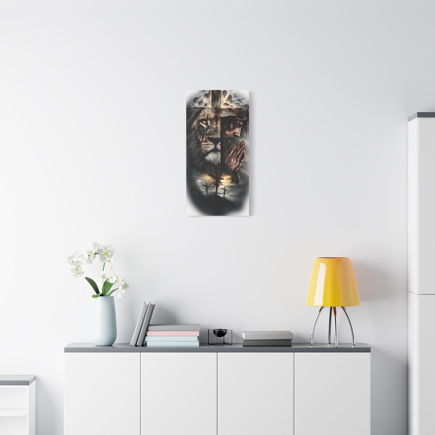 Christian Lion of Judah Canvas Wall Art – Jesus Praying Cross Triptych Matte Stretched
