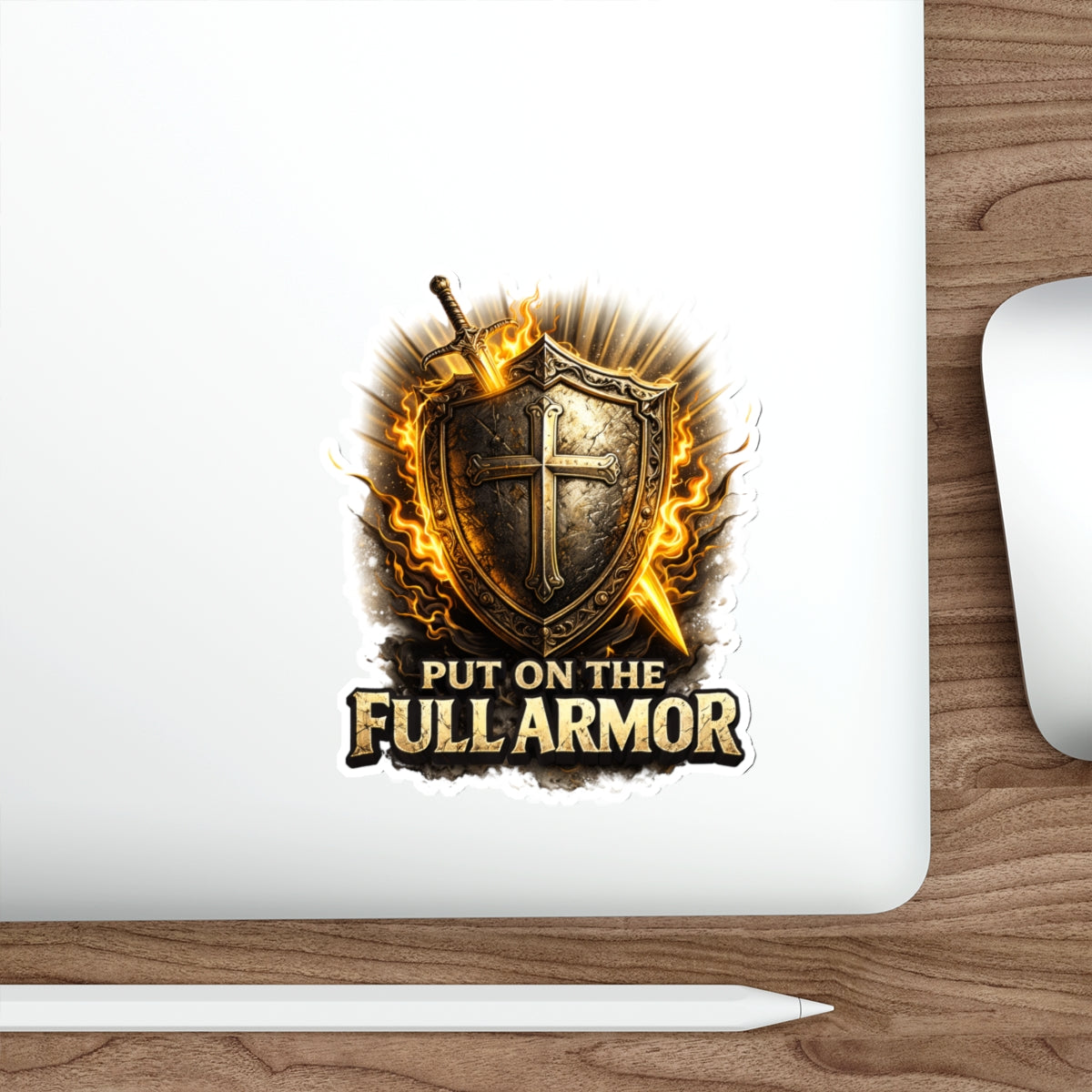 Die-Cut Sticker — “Put On The Full Armor” Christian Shield & Sword Faith Sticker