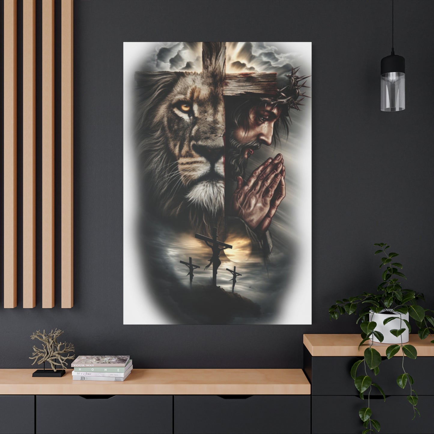 Christian Lion of Judah Canvas Wall Art – Jesus Praying Cross Triptych Matte Stretched