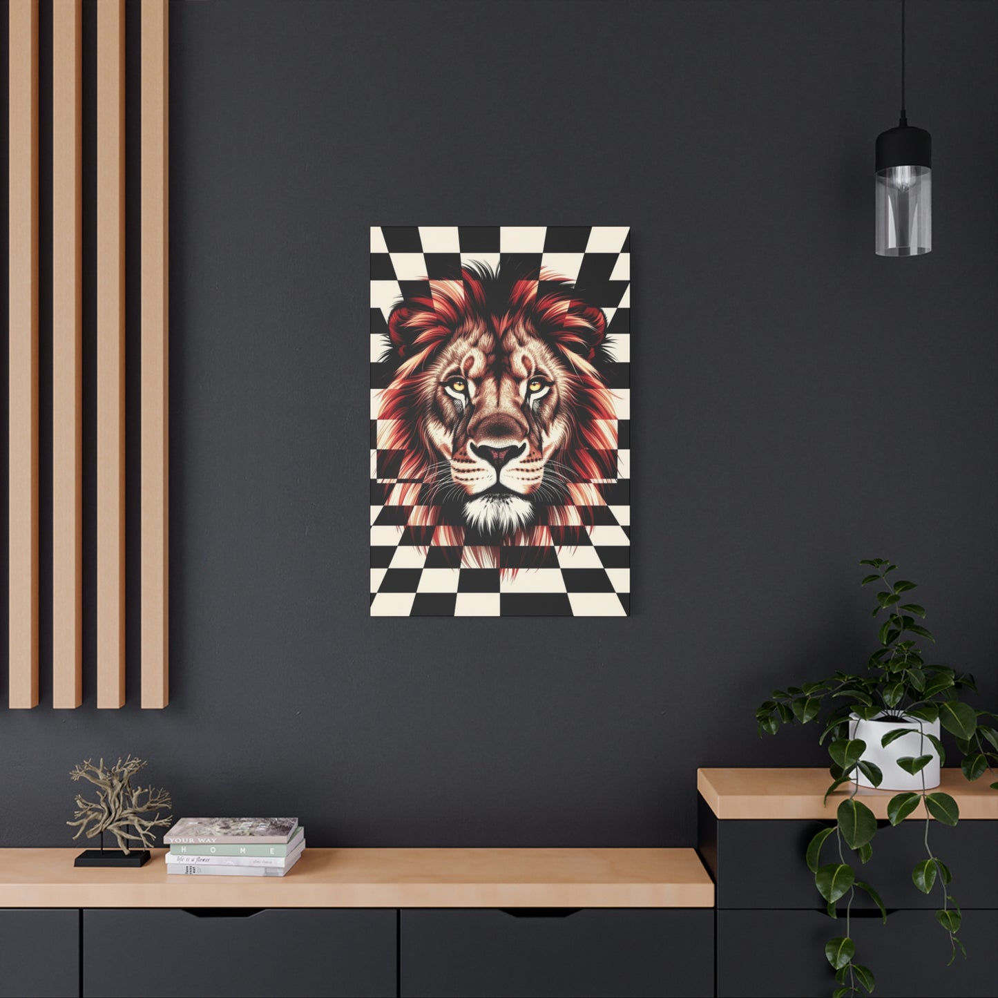 Lion Canvas Wall Art - Red Mane Checkered Design (8”-60” Sizes) Canvas Print