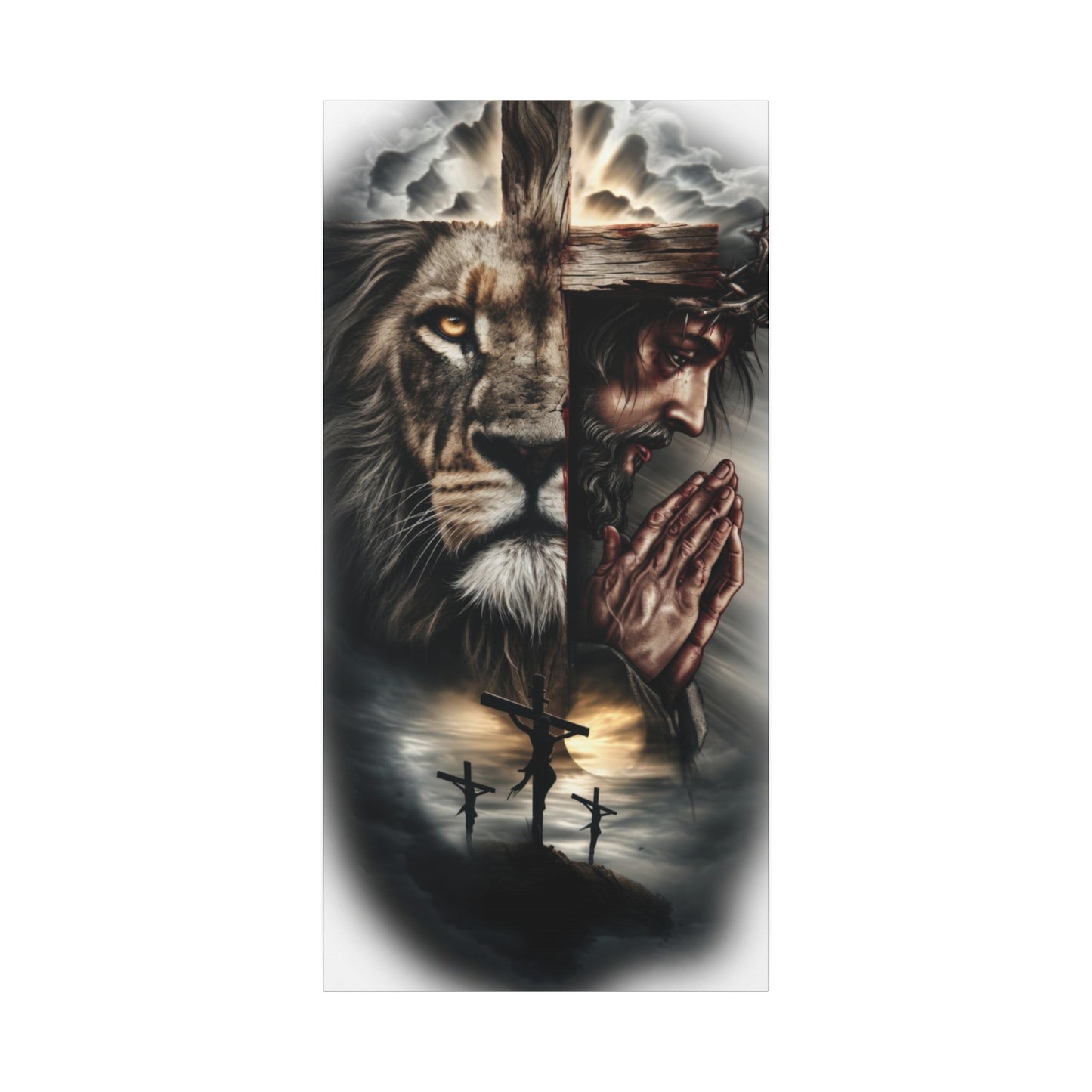 Christian Lion of Judah Canvas Wall Art – Jesus Praying Cross Triptych Matte Stretched
