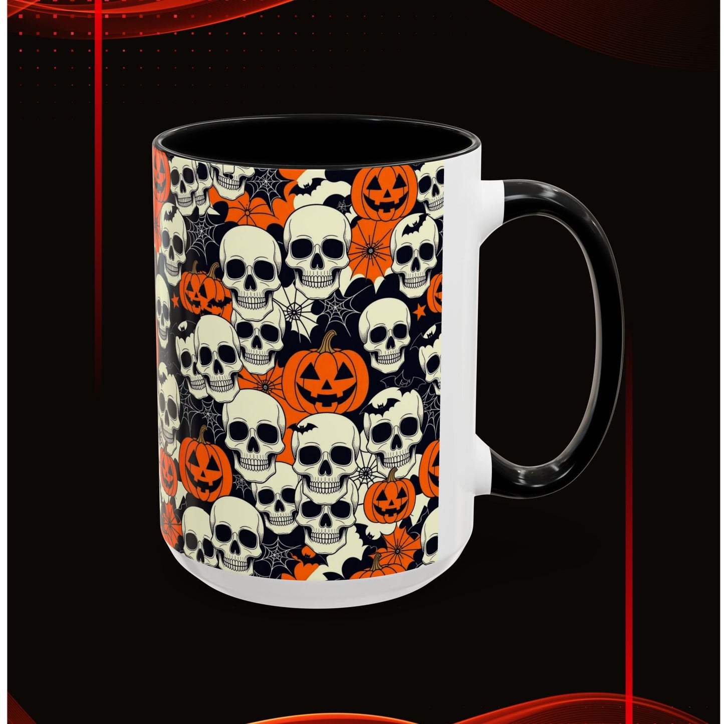 Halloween Skull Accent Coffee Mug (11, 15oz) - Spooky Gift, Witchy Decor, October Celebration, Unique Drinkware, Gothic Kitchen