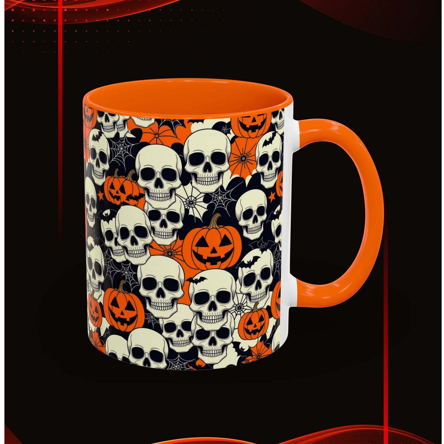 Halloween Skull Accent Coffee Mug (11, 15oz) - Spooky Gift, Witchy Decor, October Celebration, Unique Drinkware, Gothic Kitchen