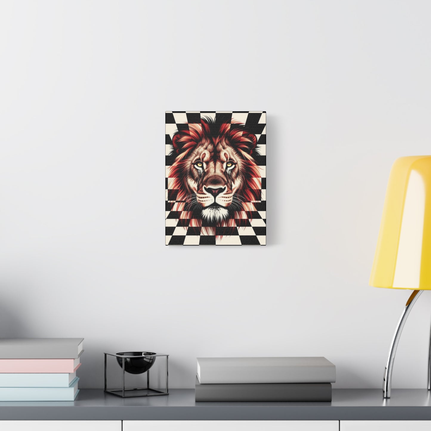 Lion Canvas Wall Art - Red Mane Checkered Design (8”-60” Sizes) Canvas Print