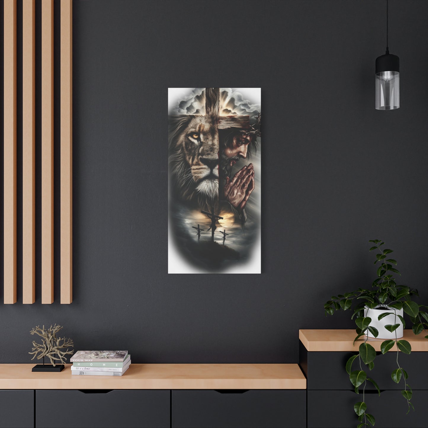 Christian Lion of Judah Canvas Wall Art – Jesus Praying Cross Triptych Matte Stretched