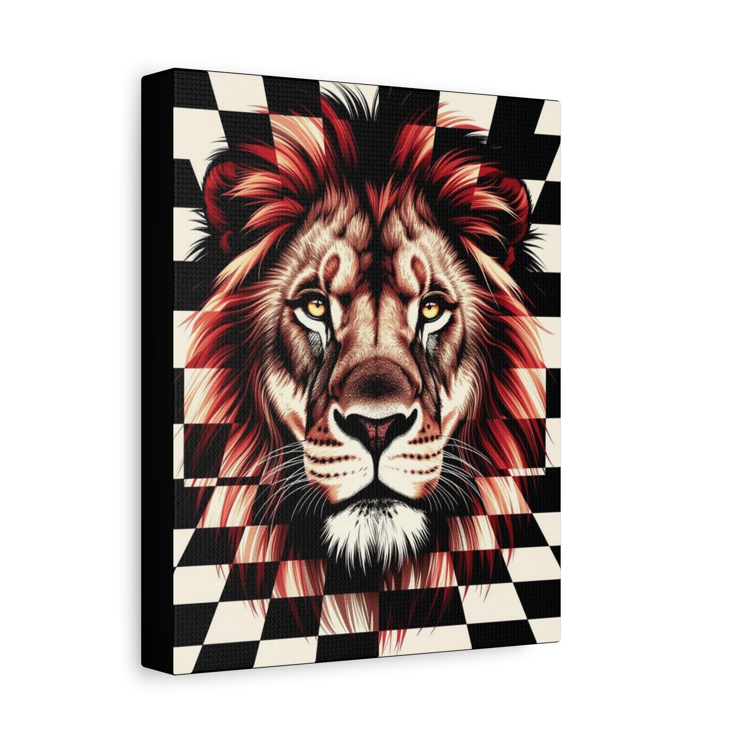 Lion Canvas Wall Art - Red Mane Checkered Design (8”-60” Sizes) Canvas Print