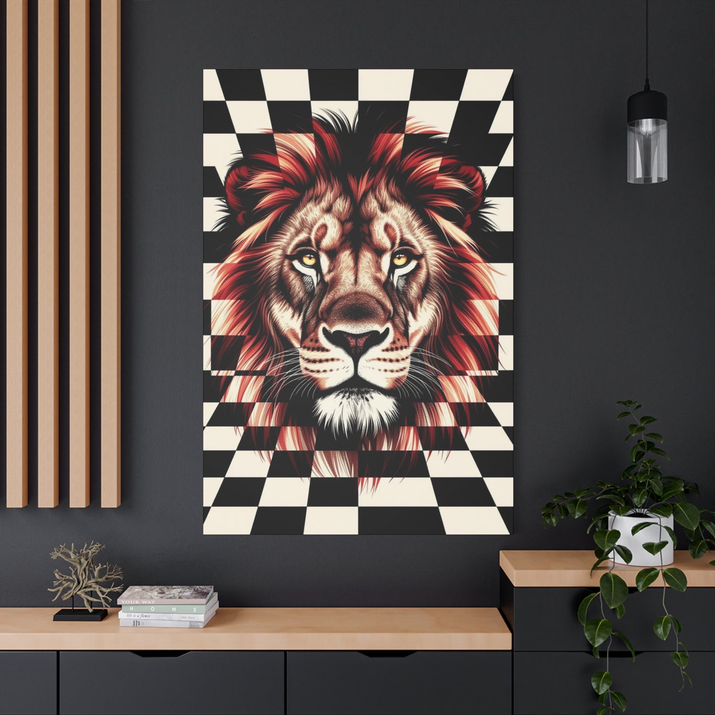 Lion Canvas Wall Art - Red Mane Checkered Design (8”-60” Sizes) Canvas Print