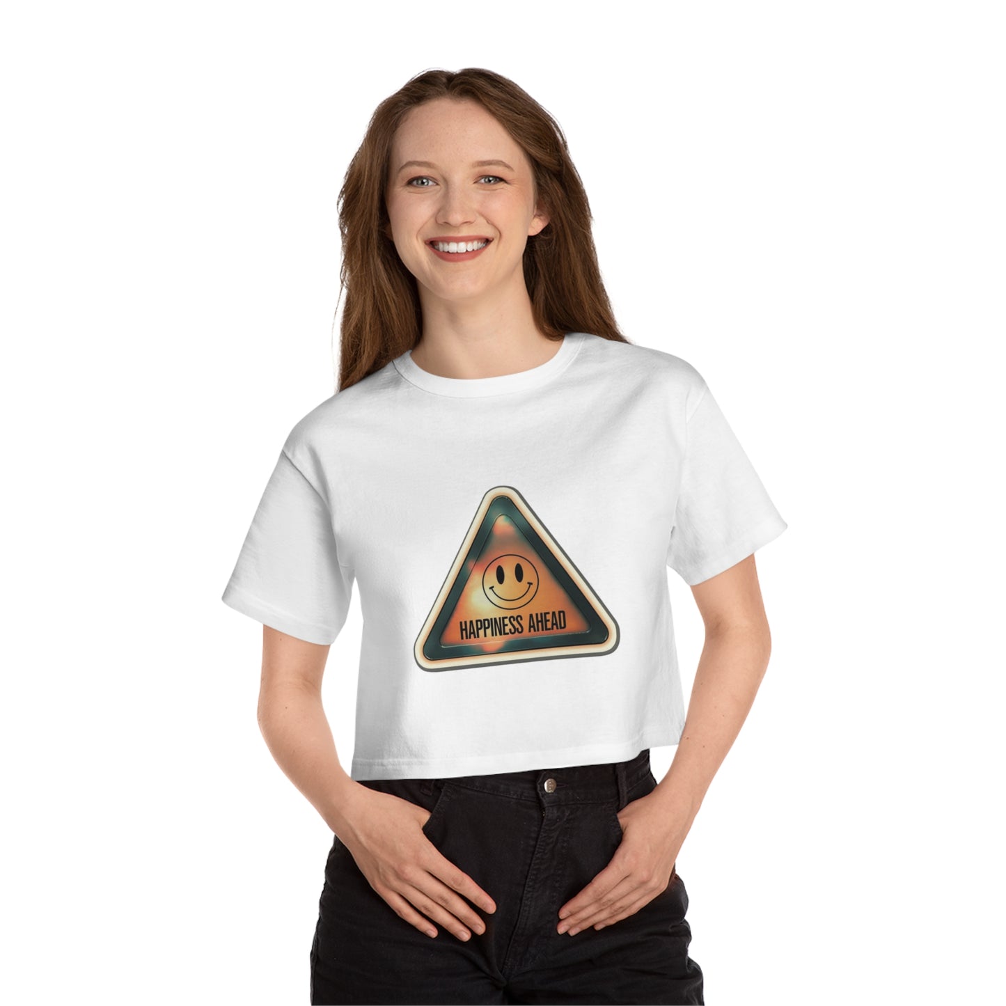 Cropped T-Shirt with Happiness Ahead Design, Casual Top, Everyday Wear, Gift for Friends, Positive Vibes