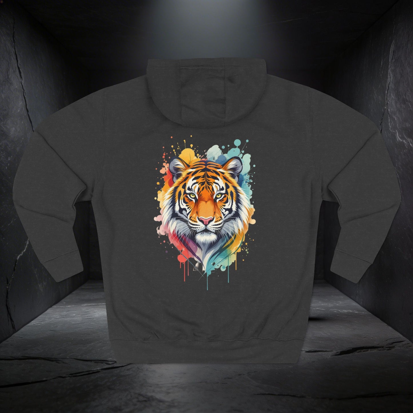 Tiger Watercolor Hoodie — Colorful Drip Animal Graphic Fleece Hoodie