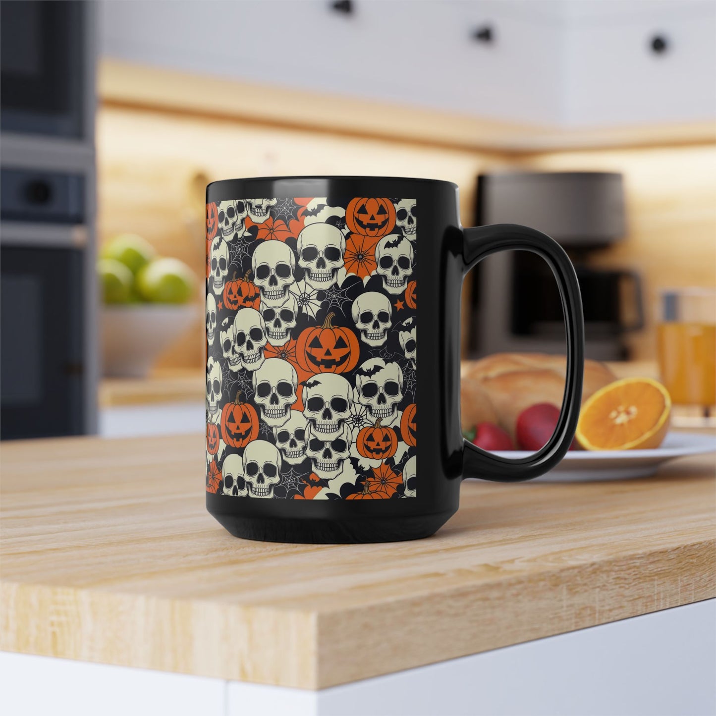 Halloween Mug, 15oz - Skulls Pumpkins Bats Black