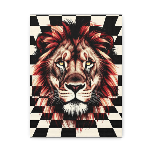 Lion Canvas Wall Art - Red Mane Checkered Design (8”-60” Sizes) Canvas Print