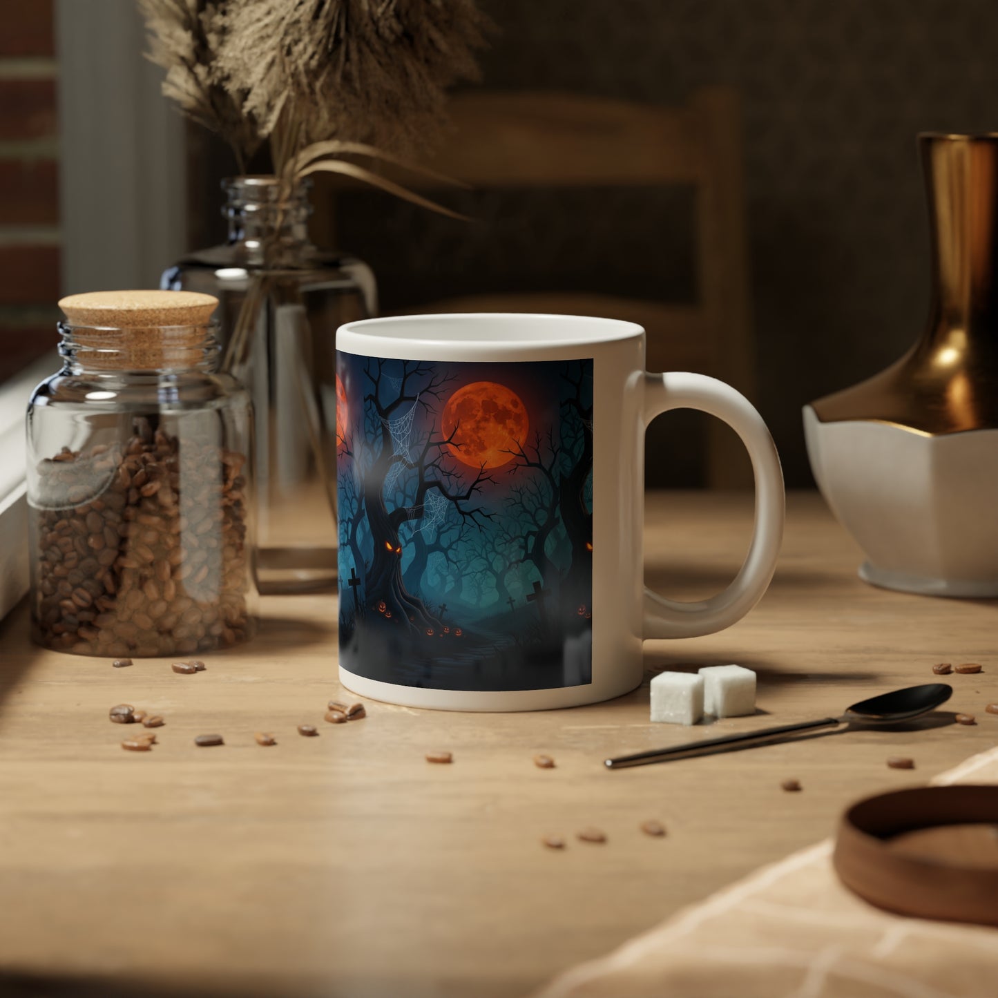 Mug - Spooky Halloween Night Moon and Bats Design, 20oz