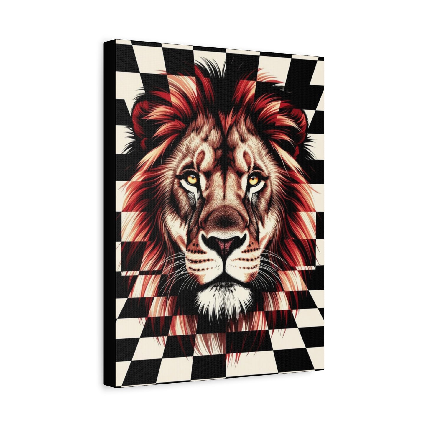 Lion Canvas Wall Art - Red Mane Checkered Design (8”-60” Sizes) Canvas Print