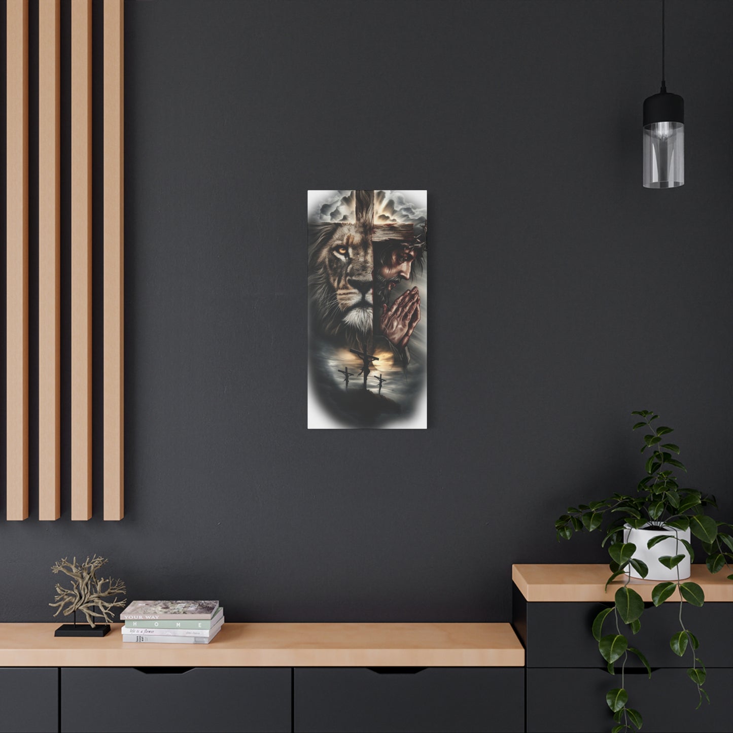 Christian Lion of Judah Canvas Wall Art – Jesus Praying Cross Triptych Matte Stretched