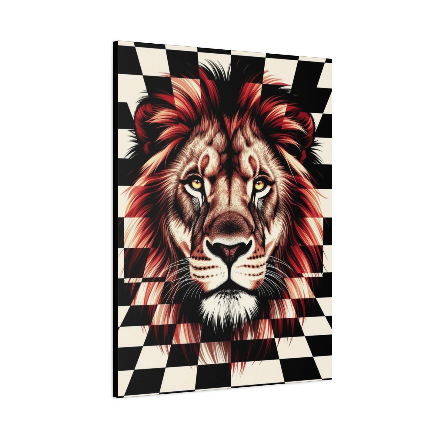 Lion Canvas Wall Art - Red Mane Checkered Design (8”-60” Sizes) Canvas Print