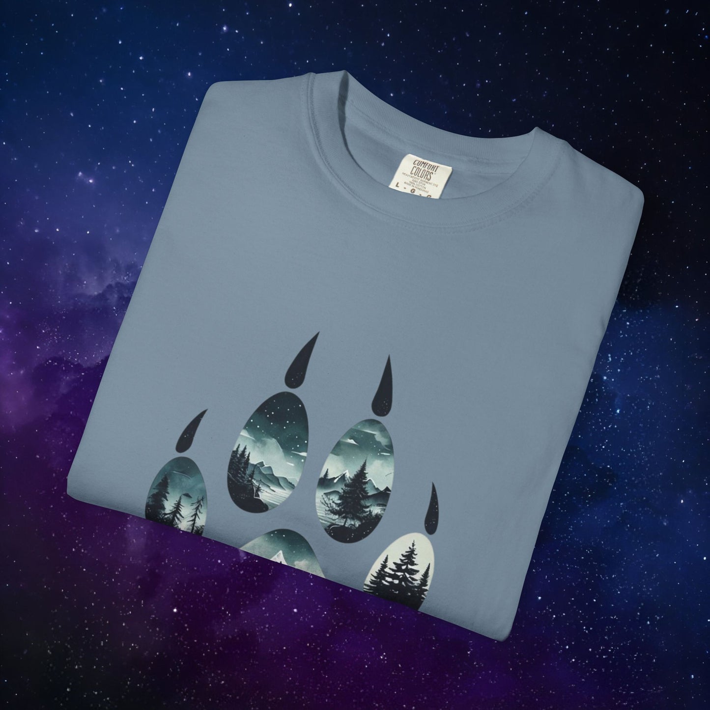 Mystic Wolf Paw Wilderness T-shirt -Night Landscape Graphic Tee, Nature Adventure Apparel for Hikers & Outdoor Lovers - Ethereal Mountain Print