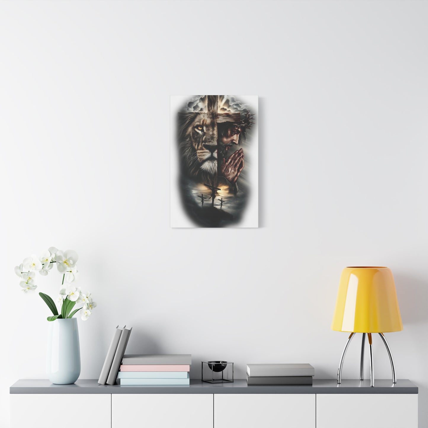 Christian Lion of Judah Canvas Wall Art – Jesus Praying Cross Triptych Matte Stretched