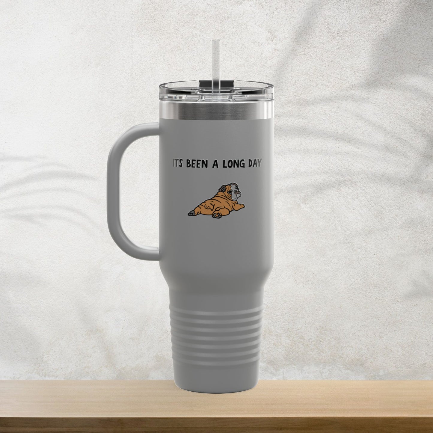 “It’s Been a Long Day” Tired Bulldog 40oz Travel Mug – Cute Funny Puppy Design for Coffee Lovers
